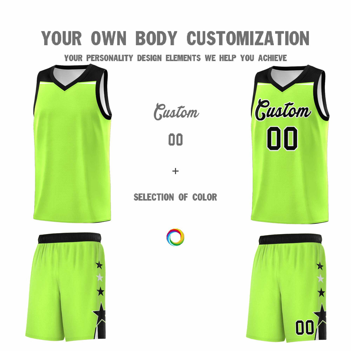 Custom Youth Basketball Uniform Fluorescent Green Black Two Tone Side Star Add Name Number & Logo