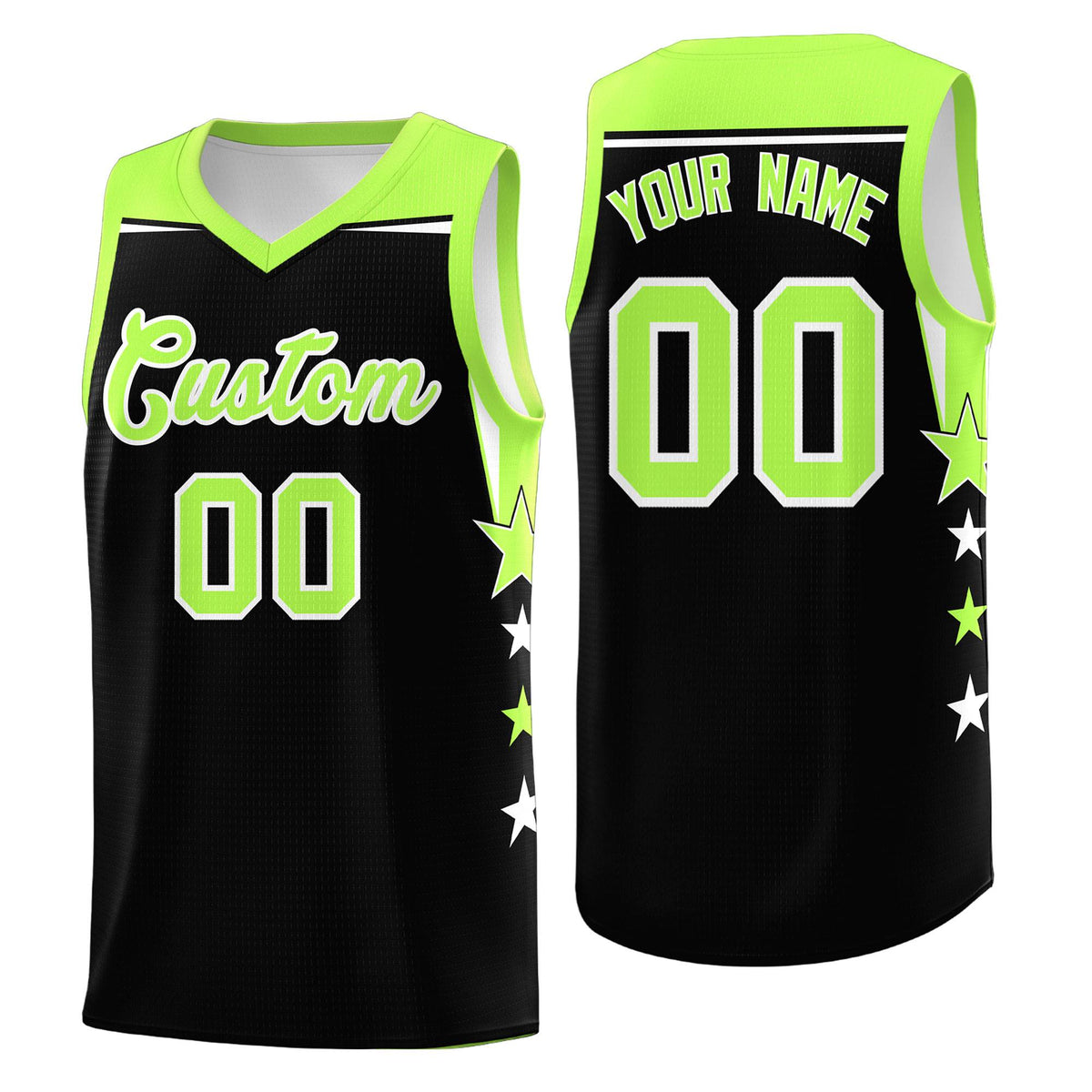 Custom Youth Basketball Uniform Black Fluorescent Green Two Tone Side Star Personalized Team Jersey