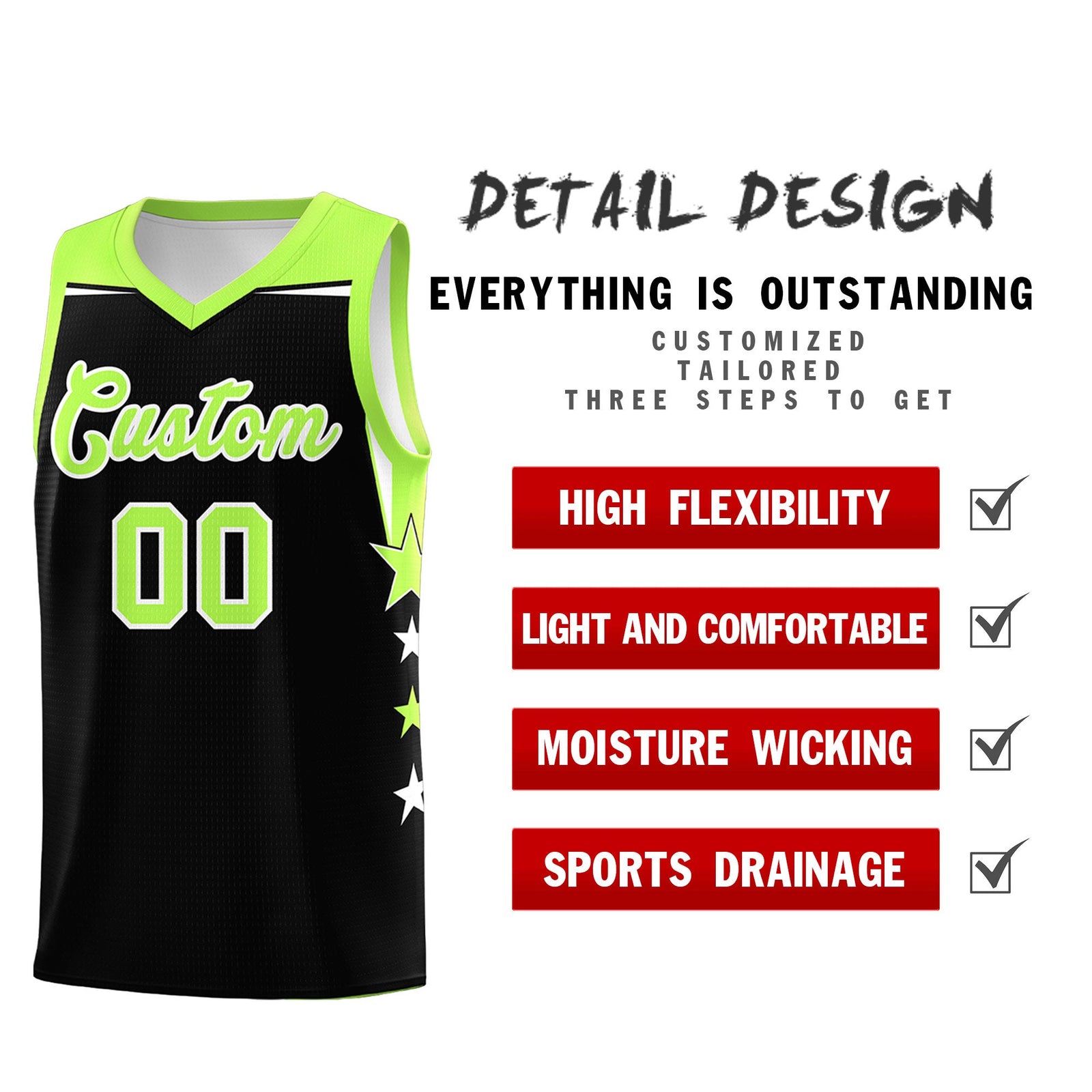 Custom Youth Basketball Uniform Black Fluorescent Green Two Tone Side Star Personalized Team Jersey