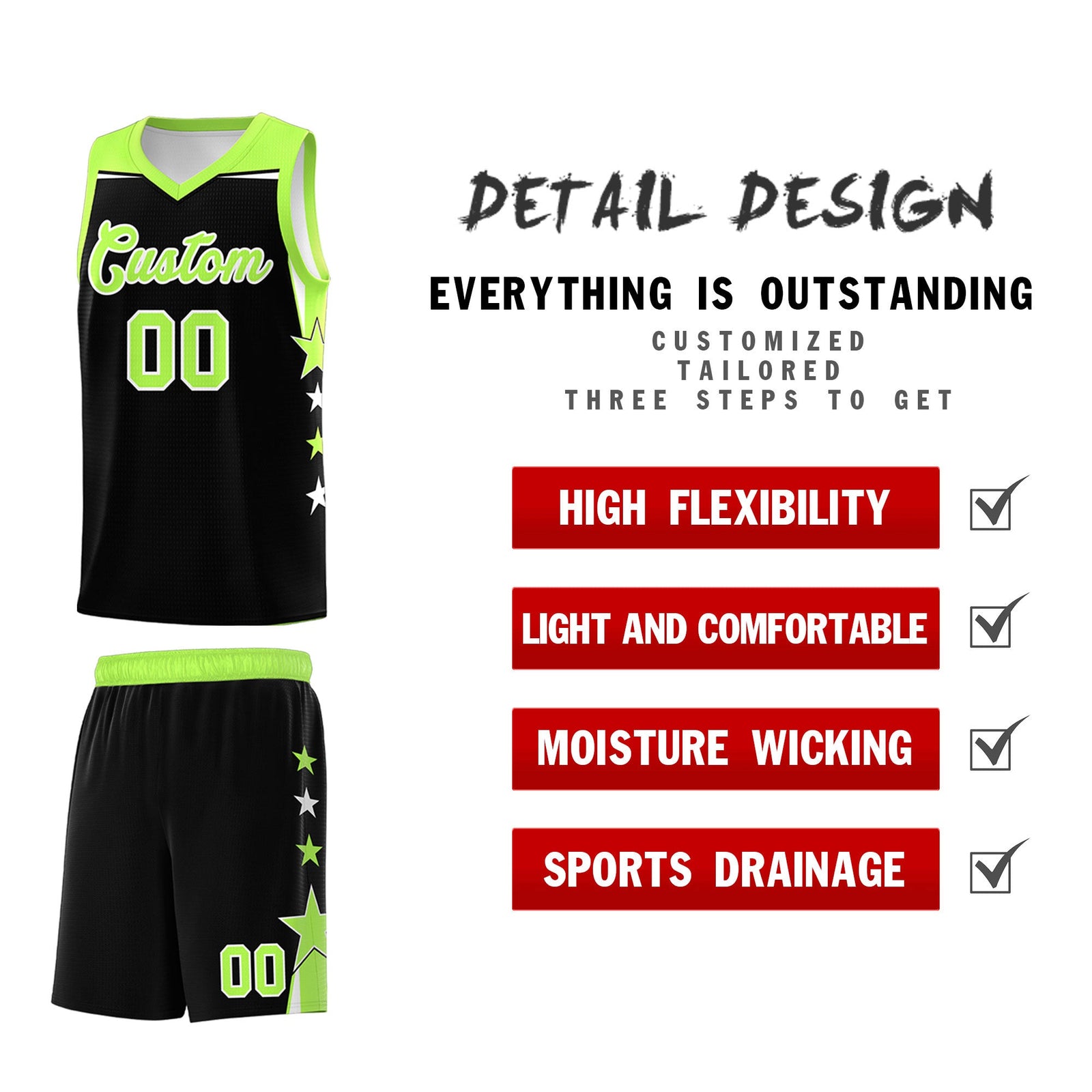 Custom Youth Basketball Uniform Black Fluorescent Green Two Tone Side Star Personalized Team Jersey