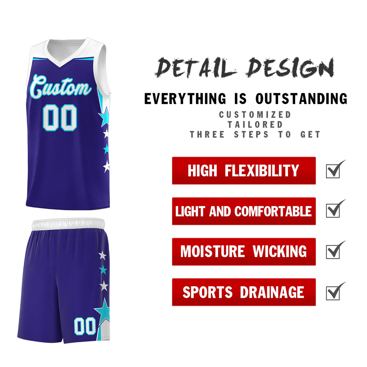 Custom Youth Basketball Uniform Royal White Two Tone Side Star Add Name Number & Logo