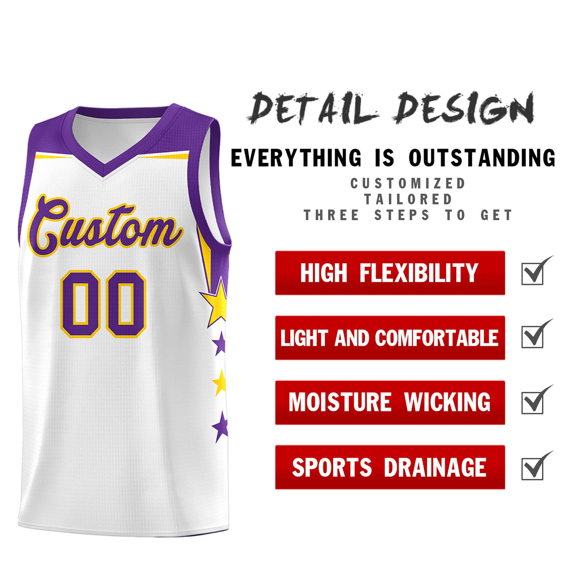 Custom Youth Basketball Uniform White Purple Two Tone Side Star Color Block Team Jersey