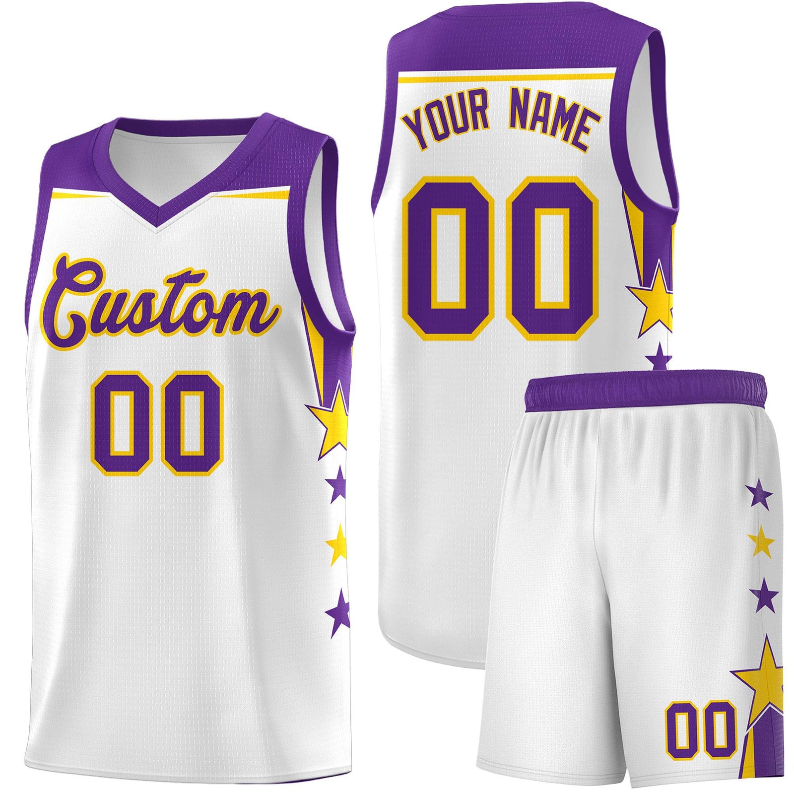 Custom Youth Basketball Uniform White Purple Two Tone Side Star Color Block Team Jersey