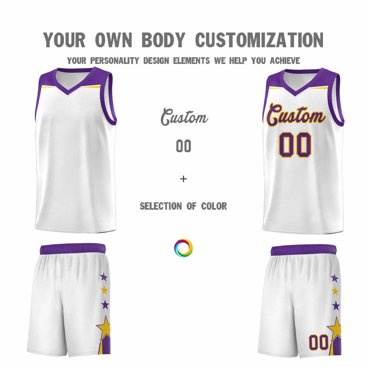 Custom Youth Basketball Uniform White Purple Two Tone Side Star Color Block Team Jersey