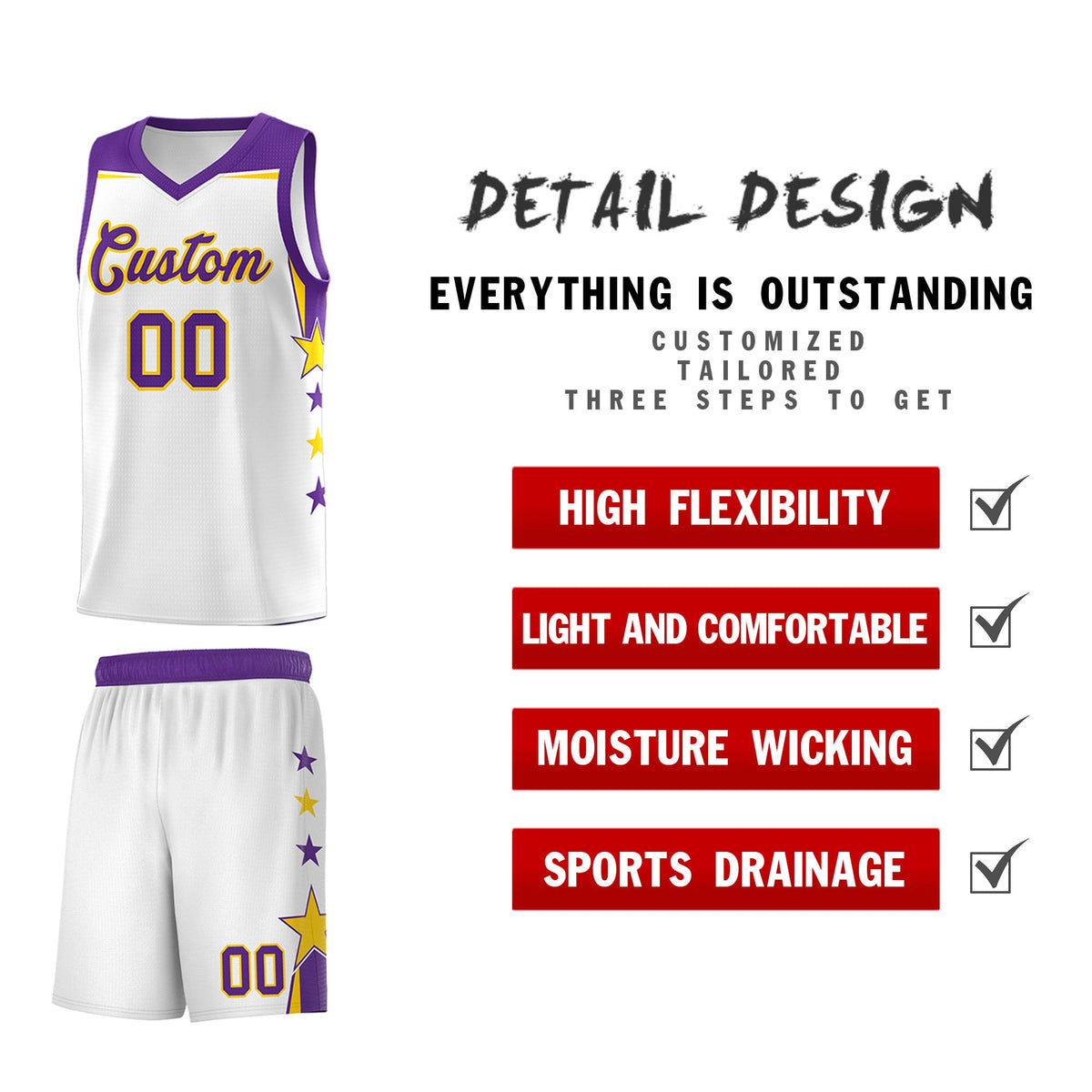 Custom Youth Basketball Uniform White Purple Two Tone Side Star Color Block Team Jersey