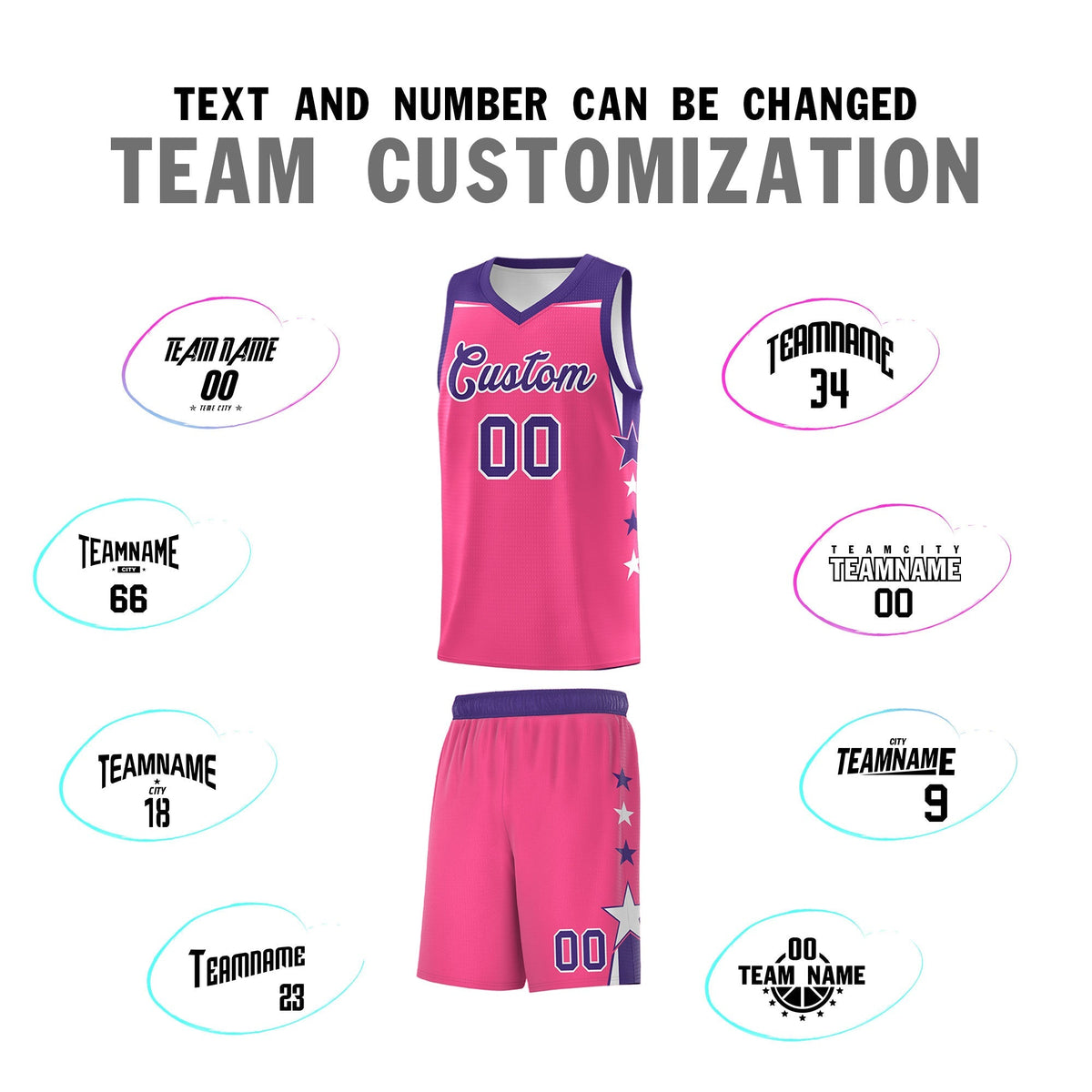 Custom Youth Basketball Uniform Pink Purple Two Tone Side Star Add Name Number & Logo