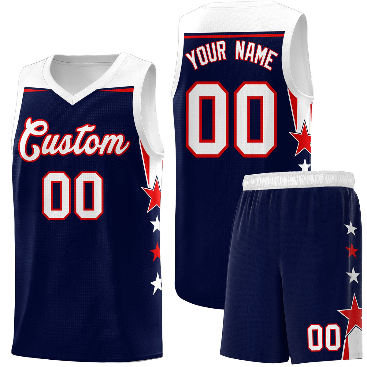 Custom Youth Basketball Uniform Navy White Two Tone Side Star Add Name Number & Logo