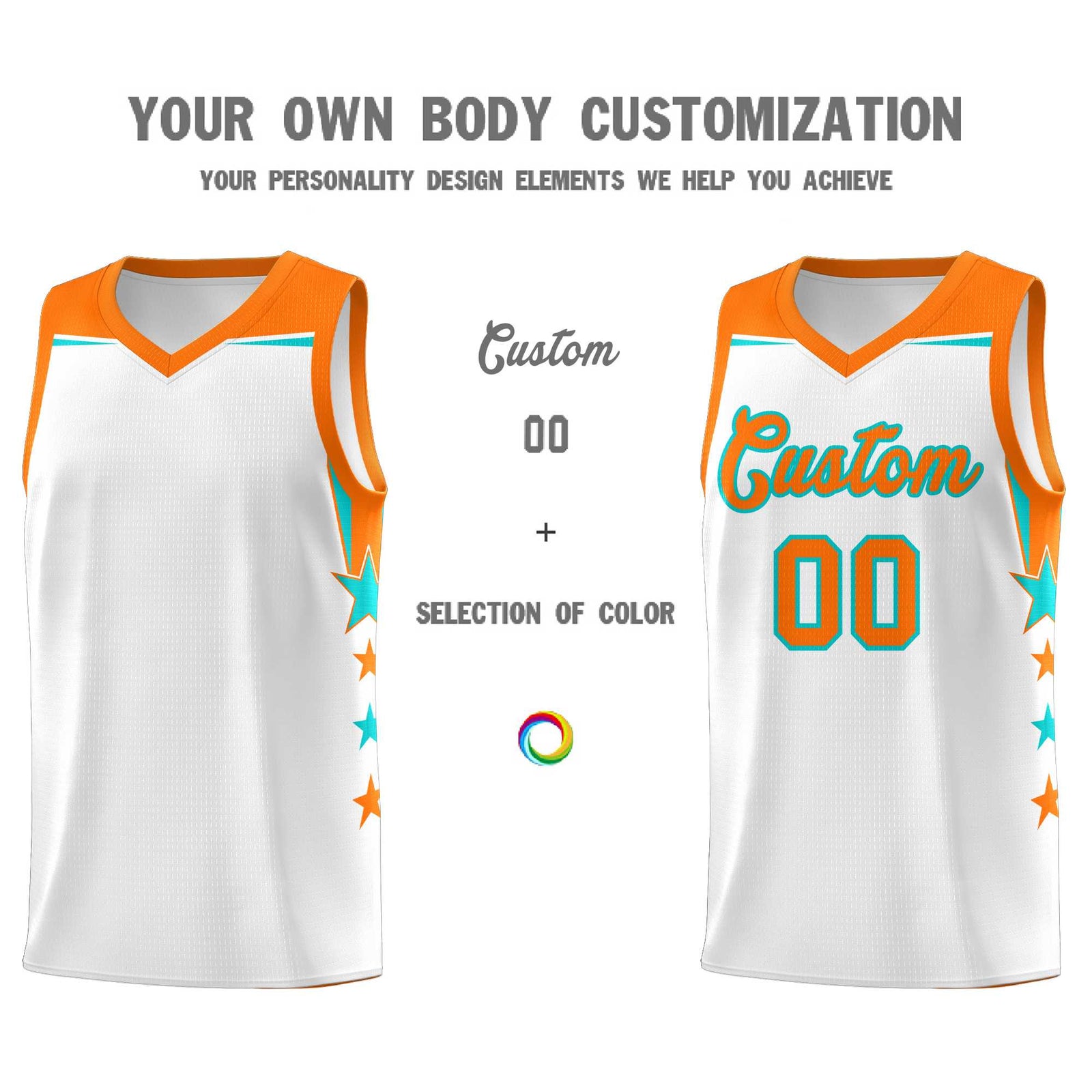 Custom Youth Basketball Uniform White Orange Two Tone Side Star Color Block Team Jersey