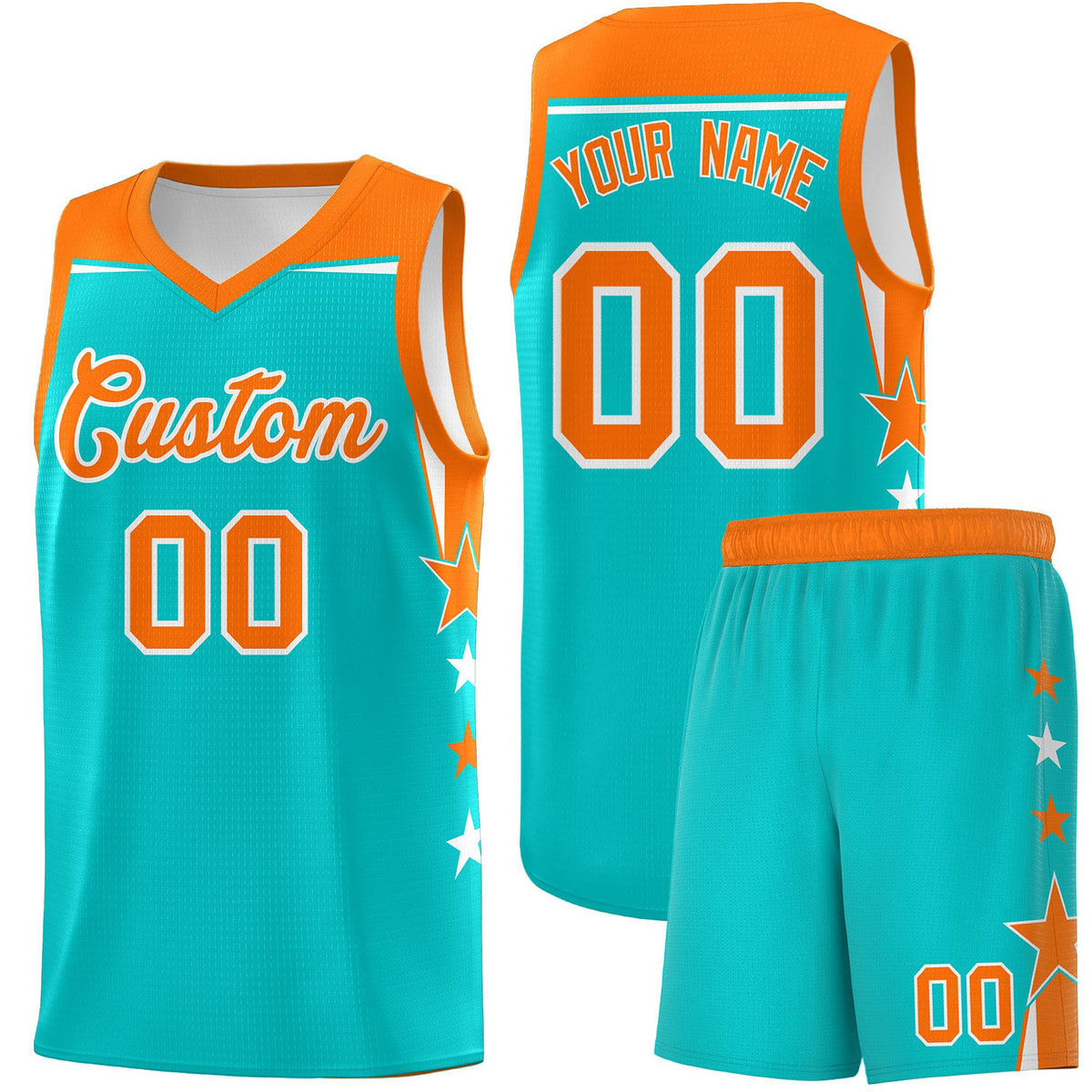 Custom Youth Basketball Uniform Aqua Orange Two Tone Side Star Personalized Team Jersey