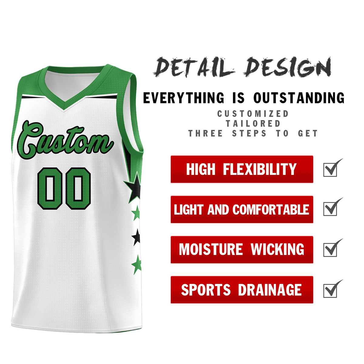 Custom Youth Basketball Uniform White Kelly Green Two Tone Side Star Color Block Team Jersey