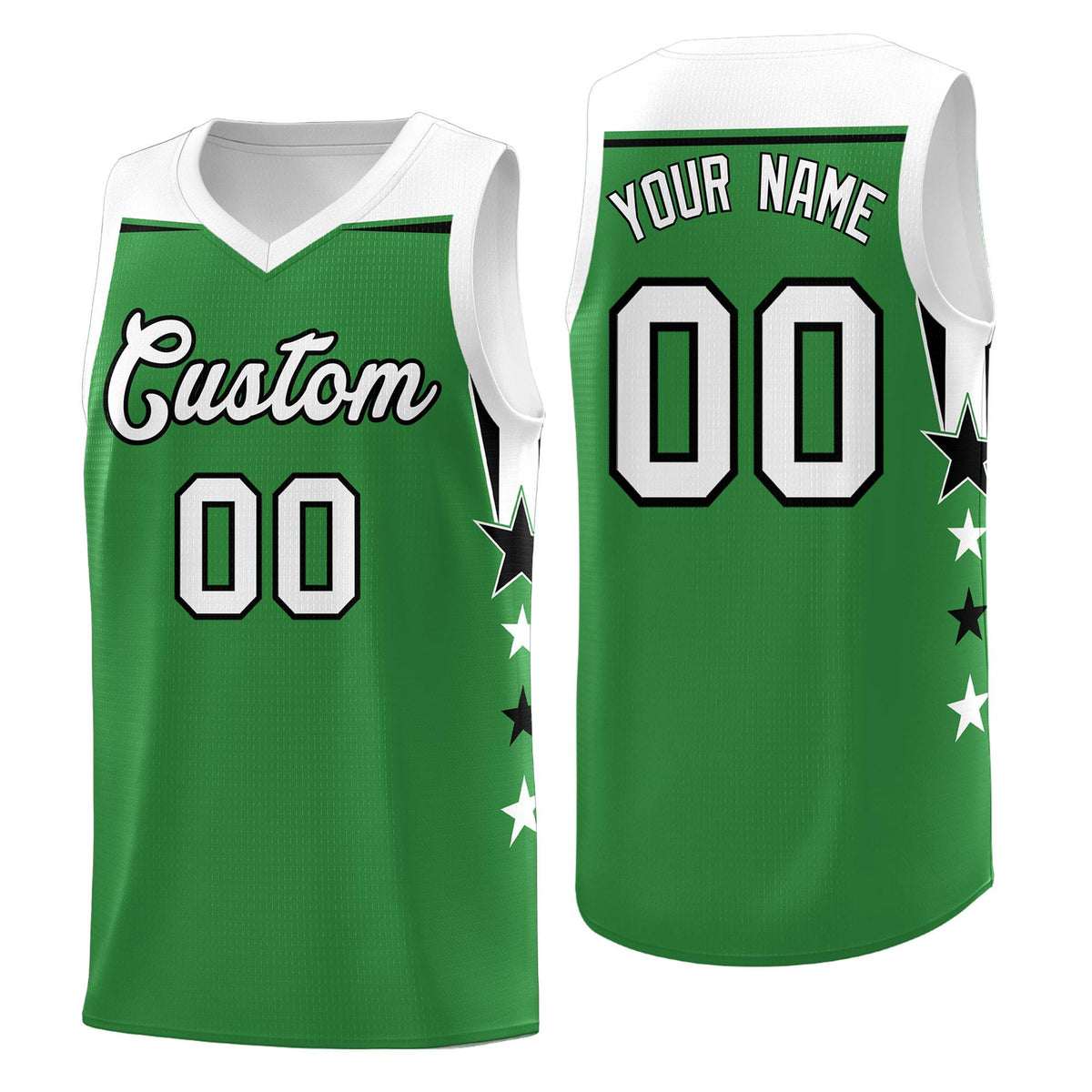 Custom Youth Basketball Uniform Kelly Green White Two Tone Side Star Add Name Number & Logo