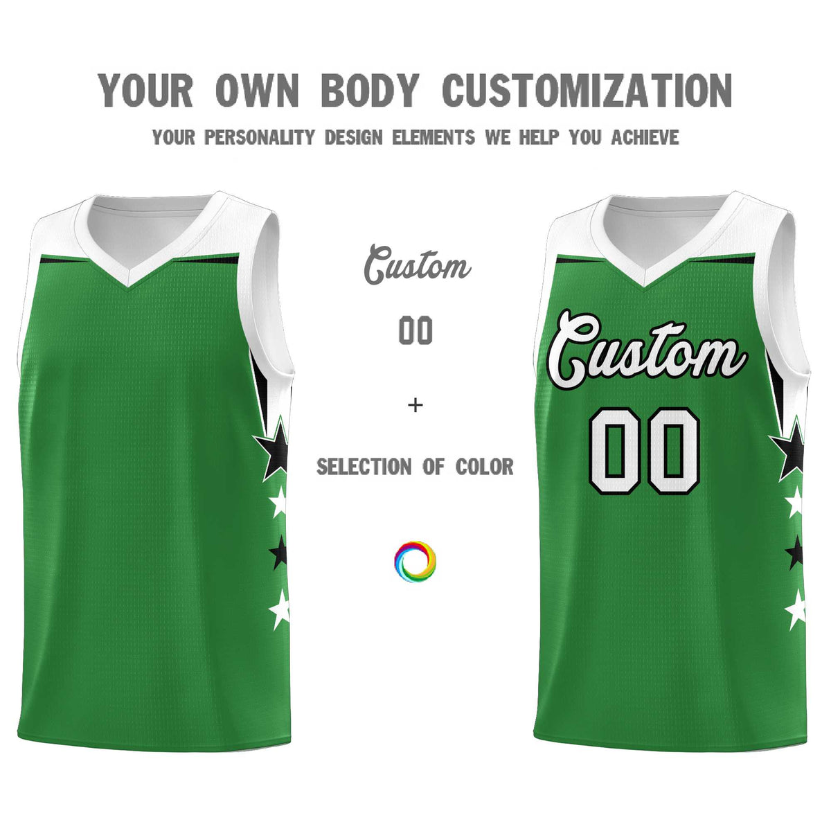 Custom Youth Basketball Uniform Kelly Green White Two Tone Side Star Add Name Number & Logo
