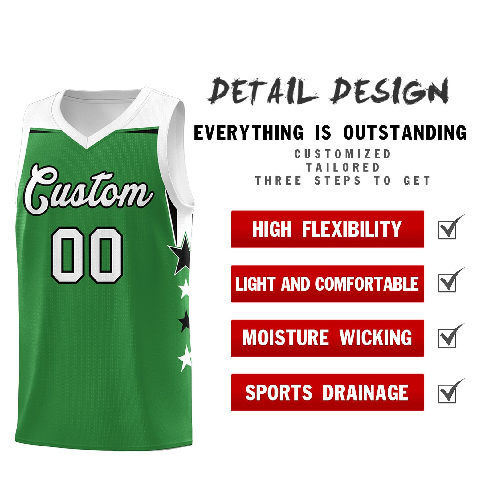 Custom Youth Basketball Uniform Kelly Green White Two Tone Side Star Add Name Number & Logo