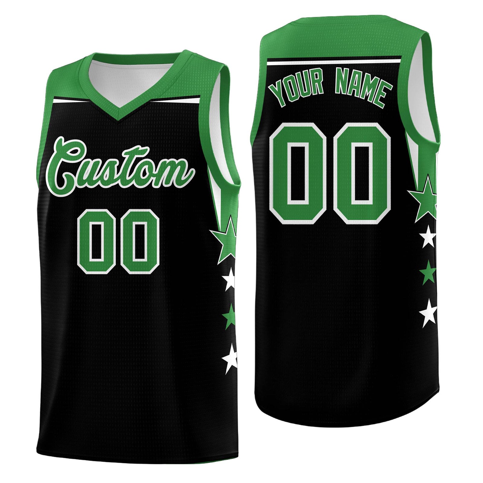 Custom Youth Basketball Uniform Black Kelly Green Two Tone Side Star Personalized Team Jersey
