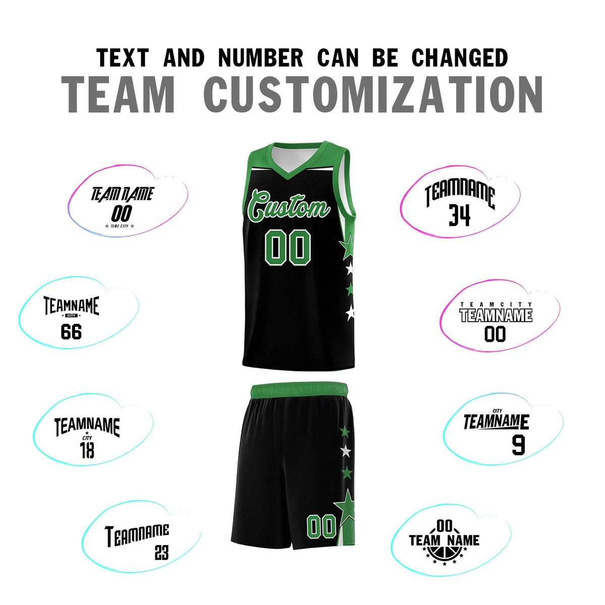 Custom Youth Basketball Uniform Black Kelly Green Two Tone Side Star Personalized Team Jersey
