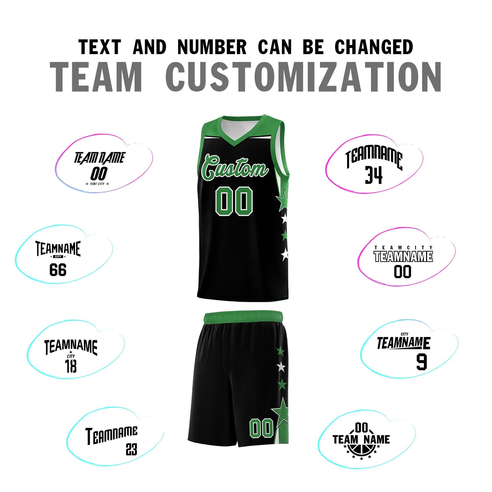 Custom Youth Basketball Uniform Black Kelly Green Two Tone Side Star Personalized Team Jersey