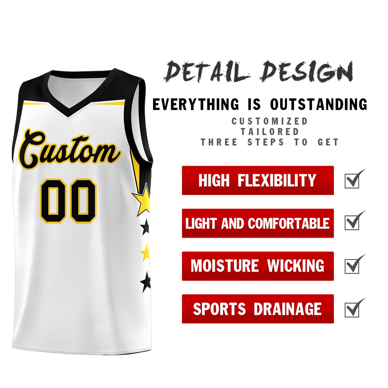 Custom Youth Basketball Uniform White Black Two Tone Side Star Color Block Team Jersey