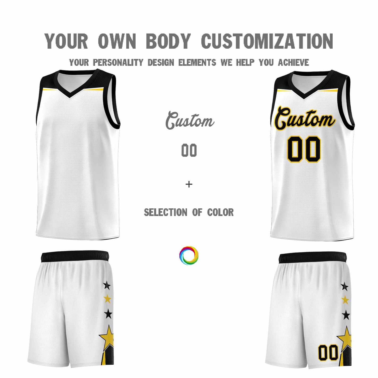 Custom Youth Basketball Uniform White Black Two Tone Side Star Color Block Team Jersey