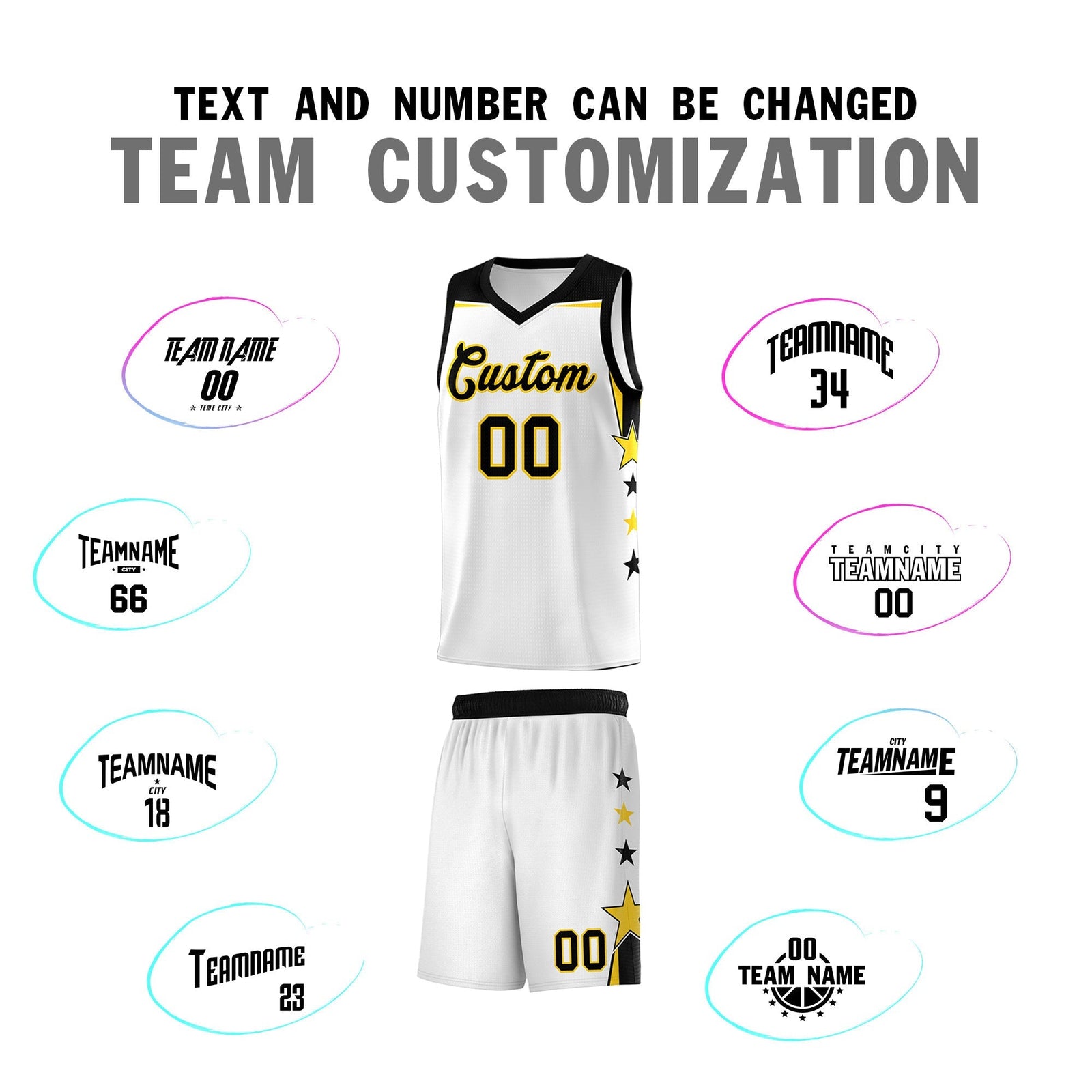 Custom Youth Basketball Uniform White Black Two Tone Side Star Color Block Team Jersey