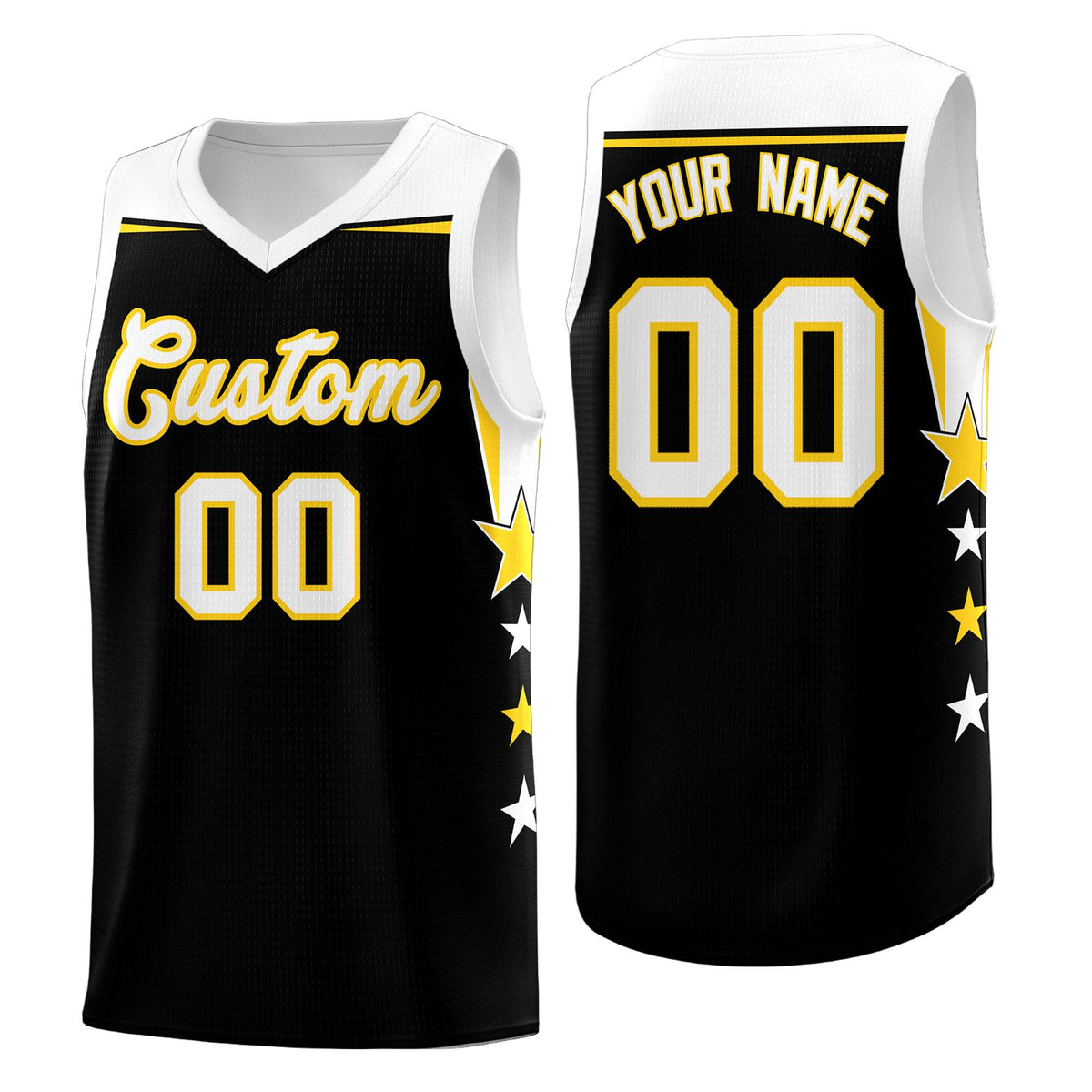 Custom Youth Basketball Uniform Black White Two Tone Side Star Add Name Number & Logo