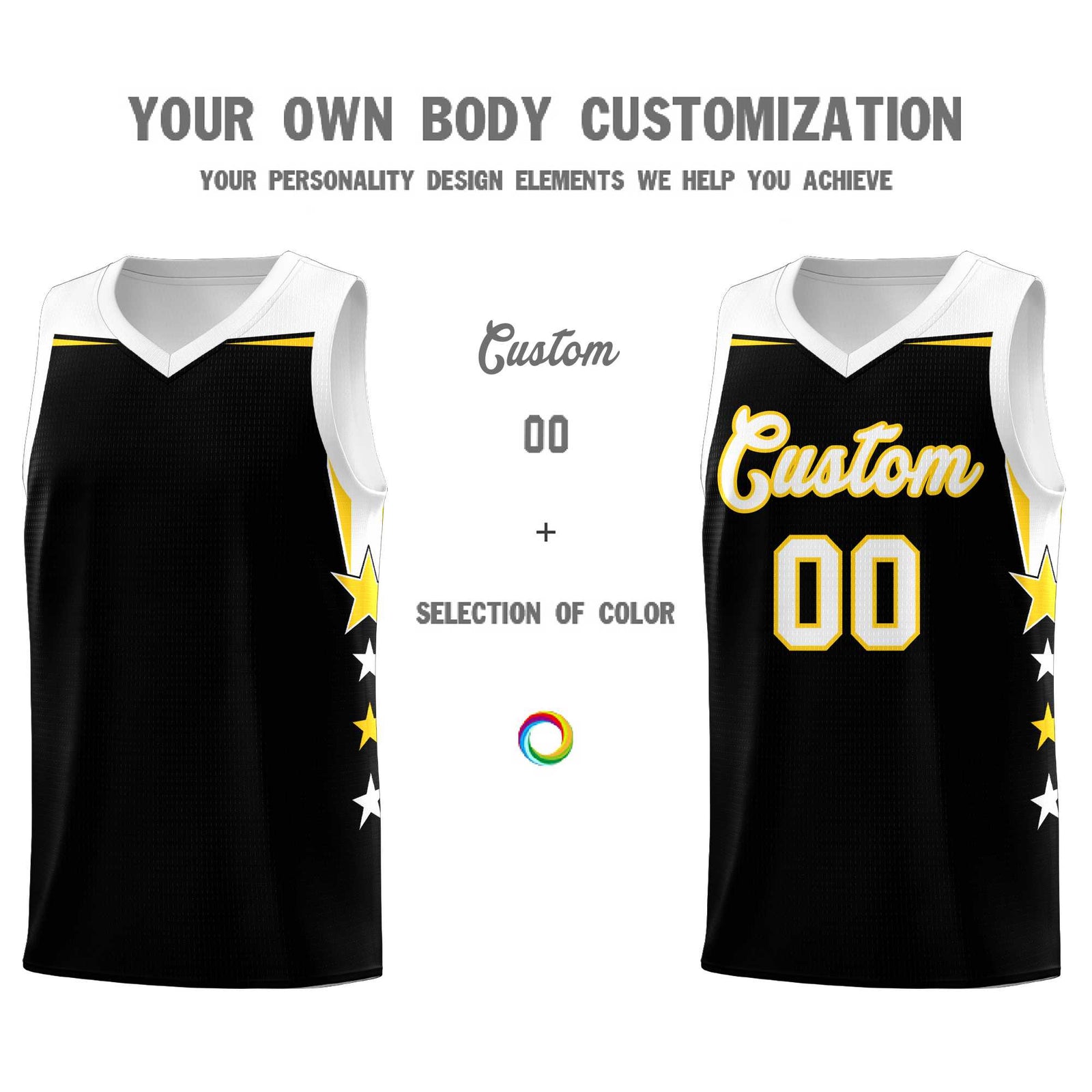 Custom Youth Basketball Uniform Black White Two Tone Side Star Add Name Number & Logo