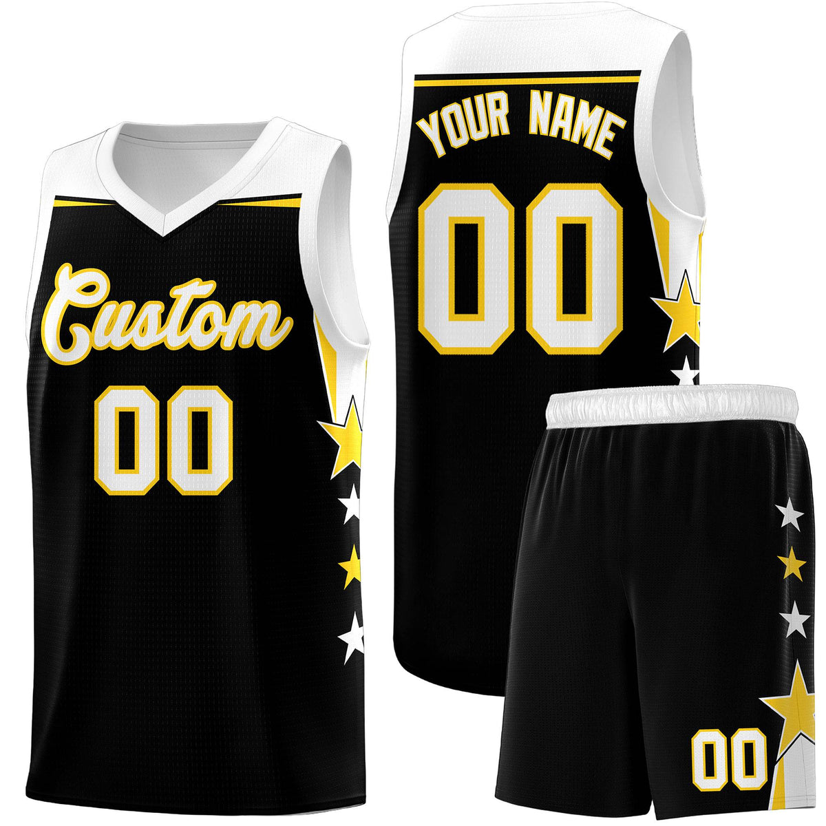 Custom Youth Basketball Uniform Black White Two Tone Side Star Add Name Number & Logo