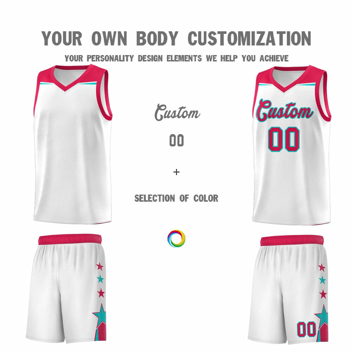 Custom Youth Basketball Uniform White Red Two Tone Side Star Color Block Team Jersey