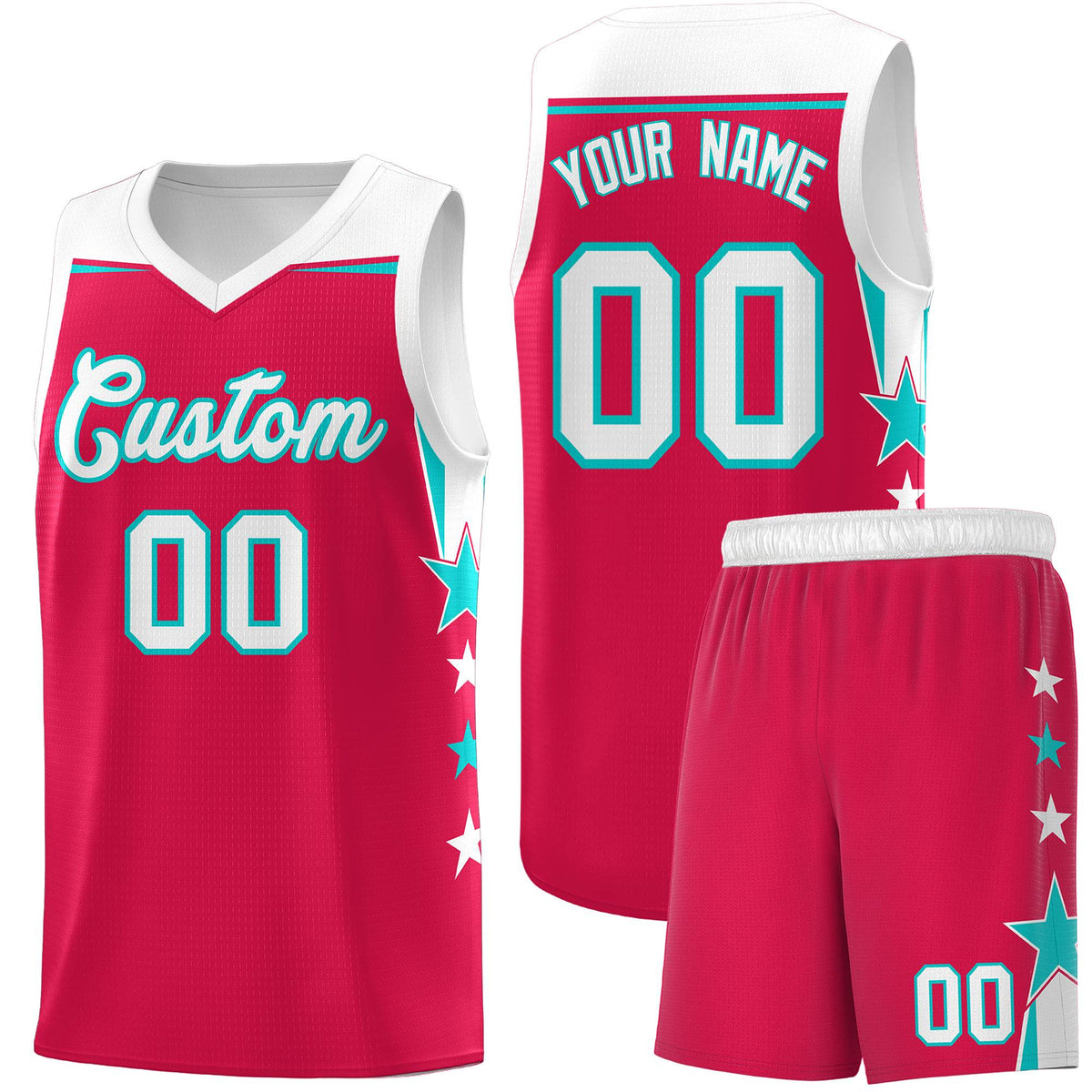 Custom Youth Basketball Uniform Red White Two Tone Side Star Add Name Number & Logo