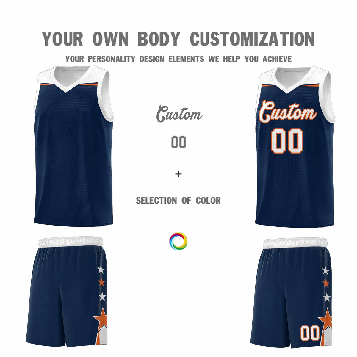 Custom Youth Basketball Uniform Navy White Two Tone Side Star Add Name Number & Logo