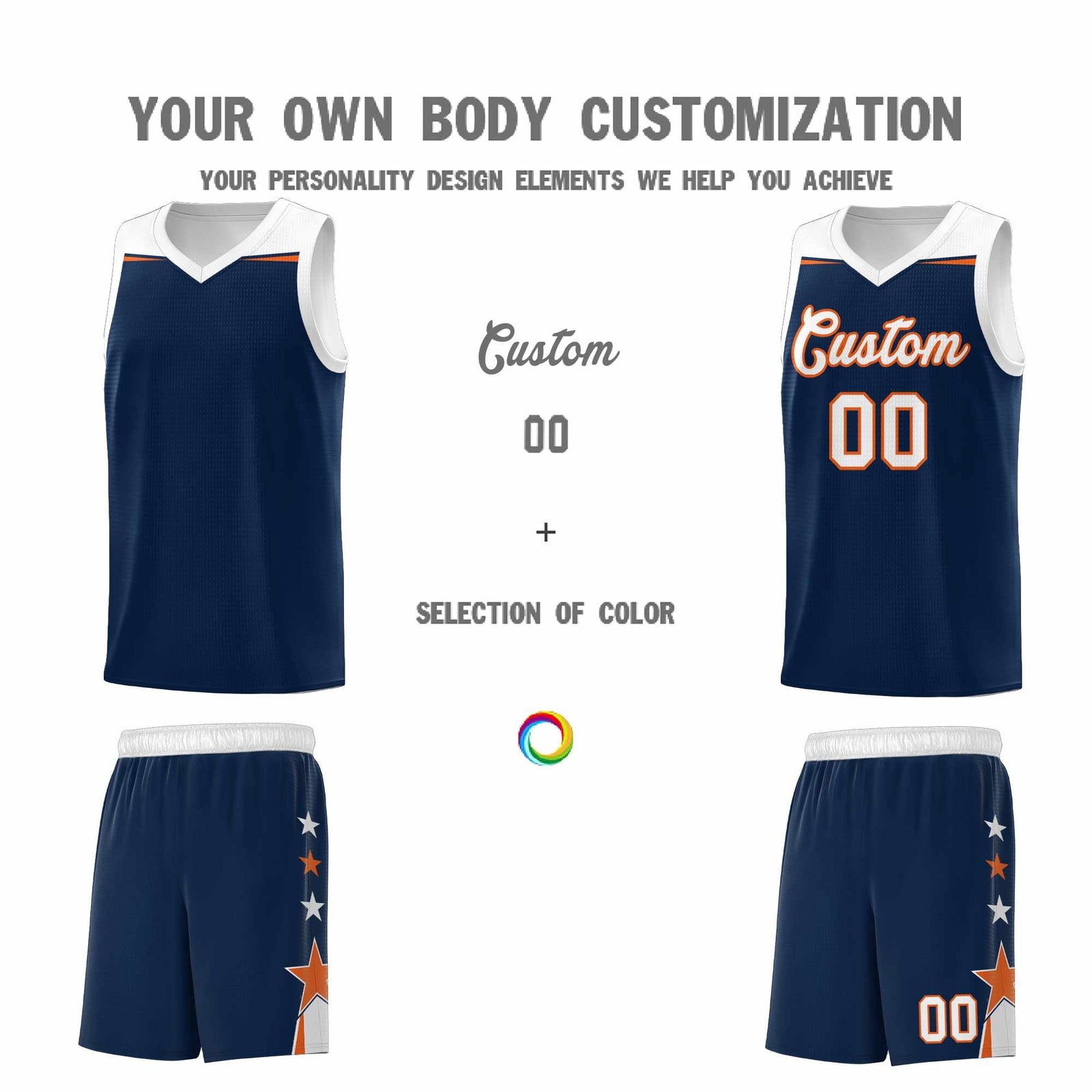 Custom Youth Basketball Uniform Navy White Two Tone Side Star Add Name Number & Logo