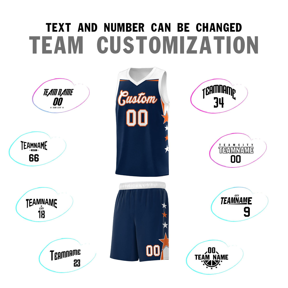 Custom Youth Basketball Uniform Navy White Two Tone Side Star Add Name Number & Logo