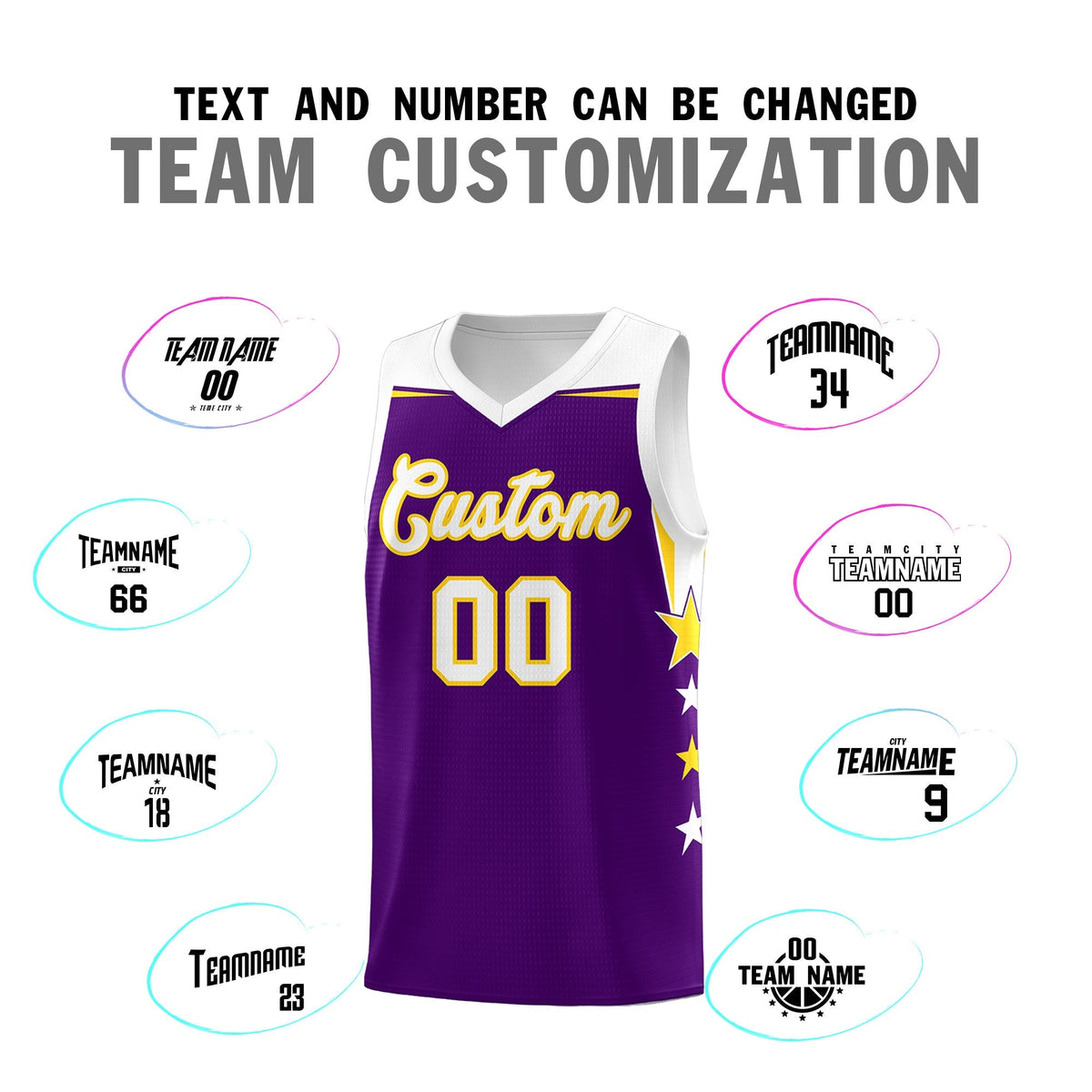 Custom Youth Basketball Uniform Purple White Two Tone Side Star Add Name Number & Logo