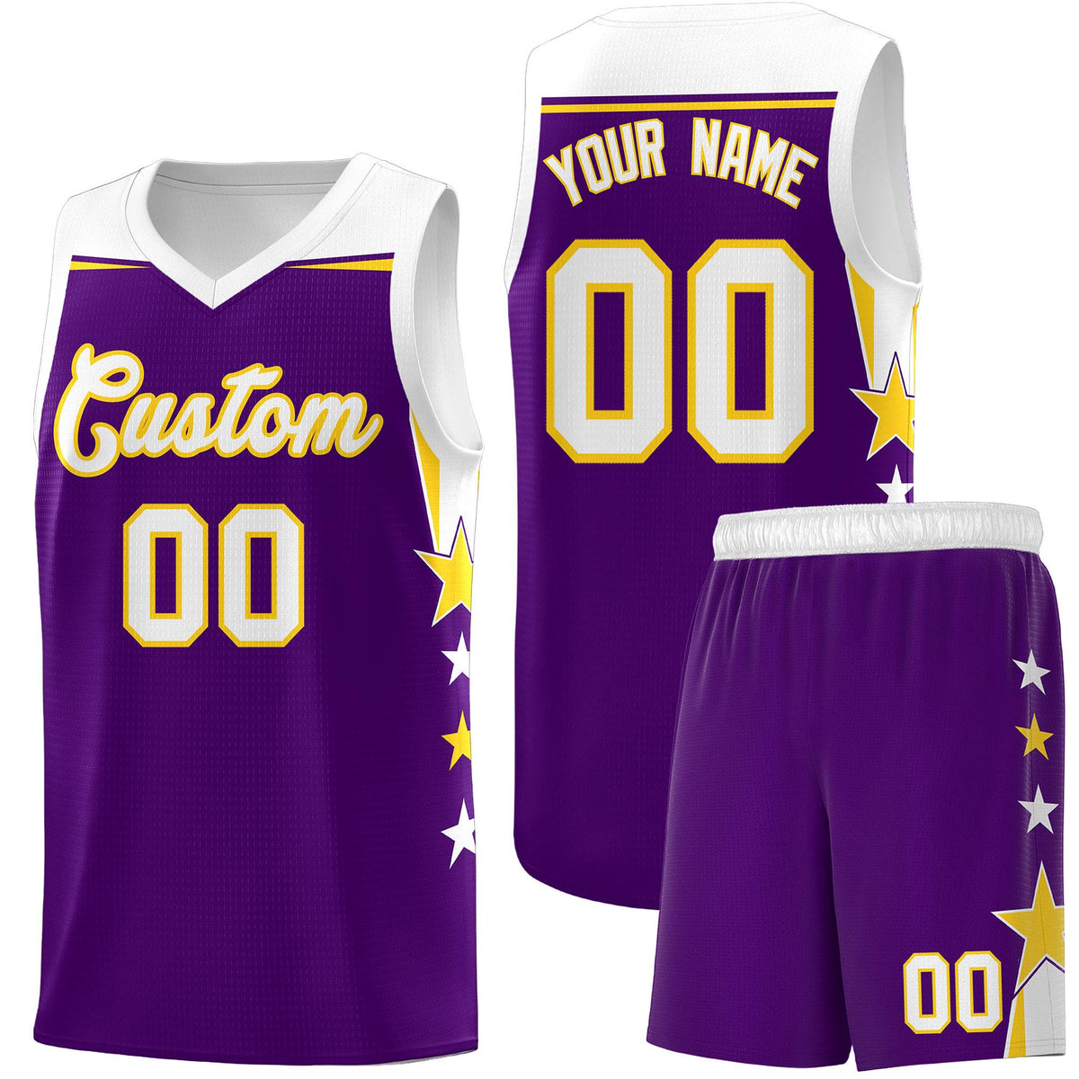 Custom Youth Basketball Uniform Purple White Two Tone Side Star Add Name Number & Logo