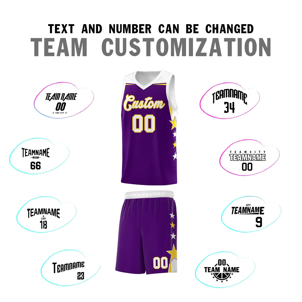 Custom Youth Basketball Uniform Purple White Two Tone Side Star Add Name Number & Logo