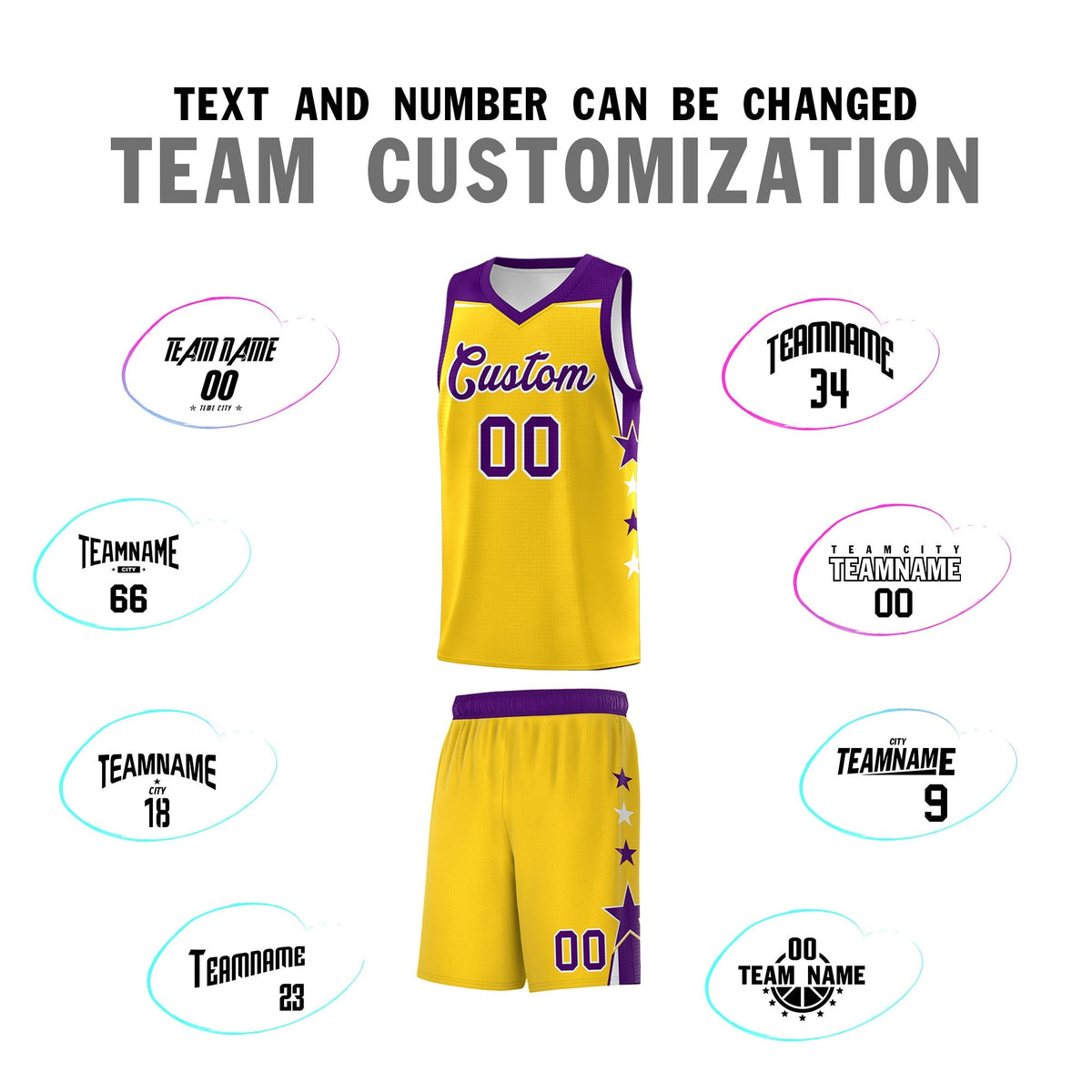 Custom Youth Basketball Uniform Gold Purple Two Tone Side Star Personalized Team Jersey