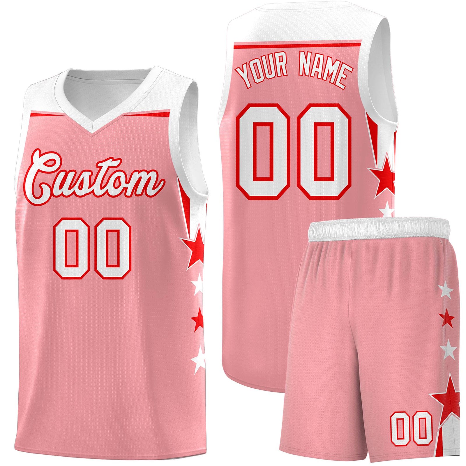 Custom Youth Basketball Uniform Light Pink White Two Tone Side Star Add Name Number & Logo