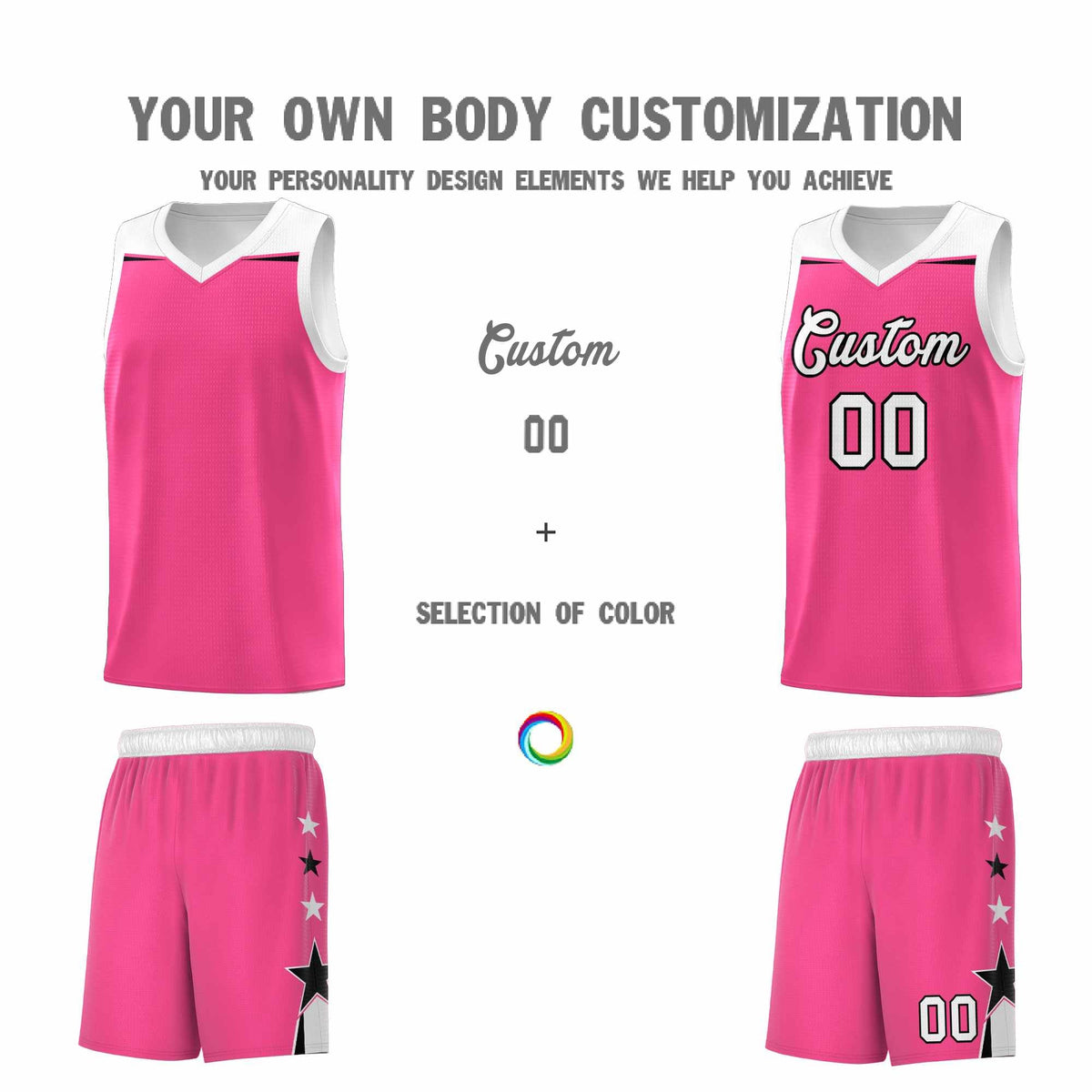 Custom Youth Basketball Uniform Pink White Two Tone Side Star Add Name Number & Logo