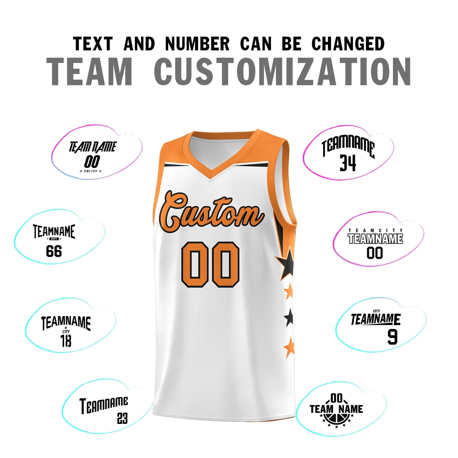 Custom Youth Basketball Uniform White Gold Orange Two Tone Side Star Color Block Team Jersey