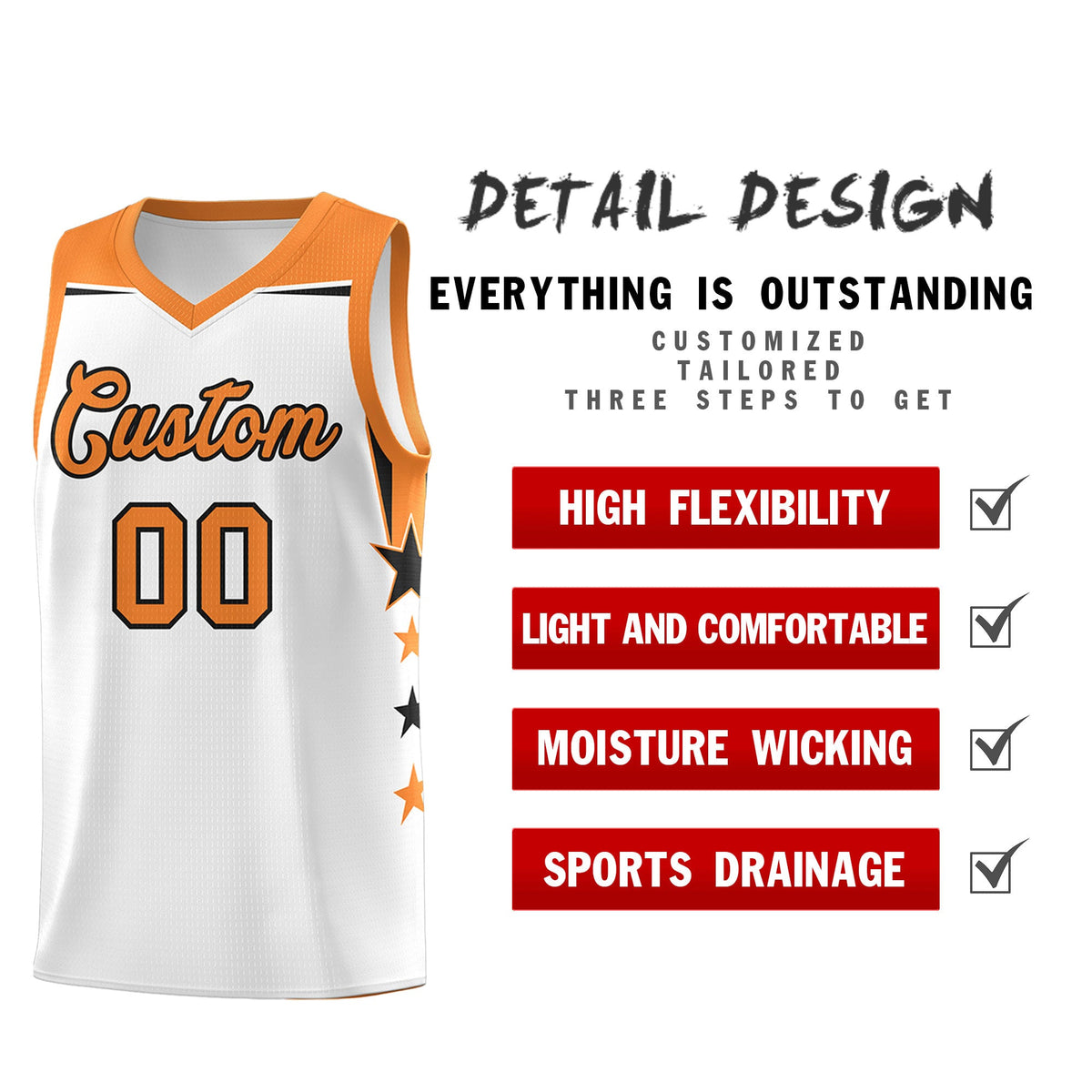 Custom Youth Basketball Uniform White Gold Orange Two Tone Side Star Color Block Team Jersey