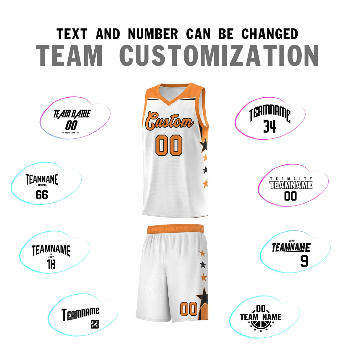 Custom Youth Basketball Uniform White Gold Orange Two Tone Side Star Color Block Team Jersey