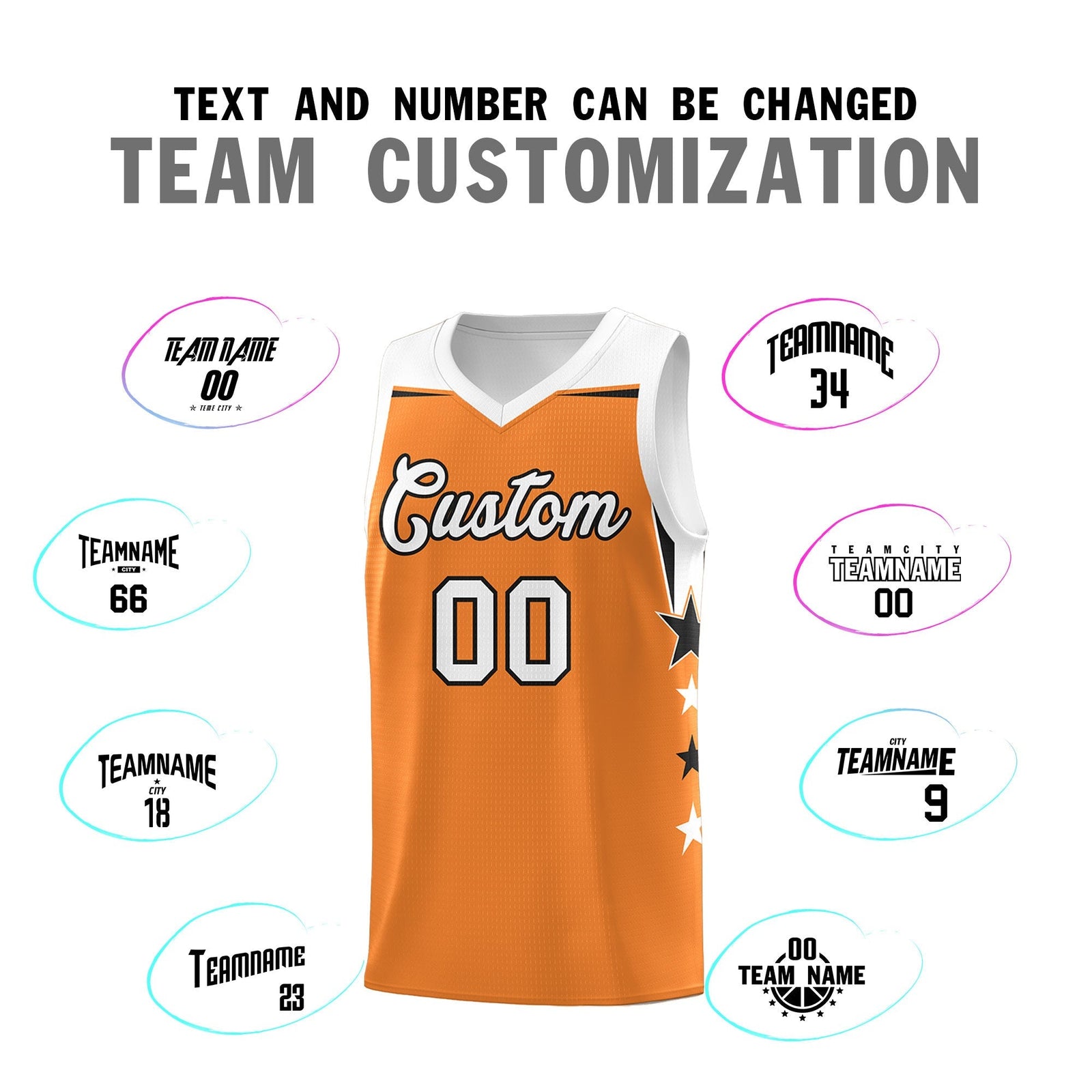 Custom Youth Basketball Uniform Gold Orange White Two Tone Side Star Add Name Number & Logo
