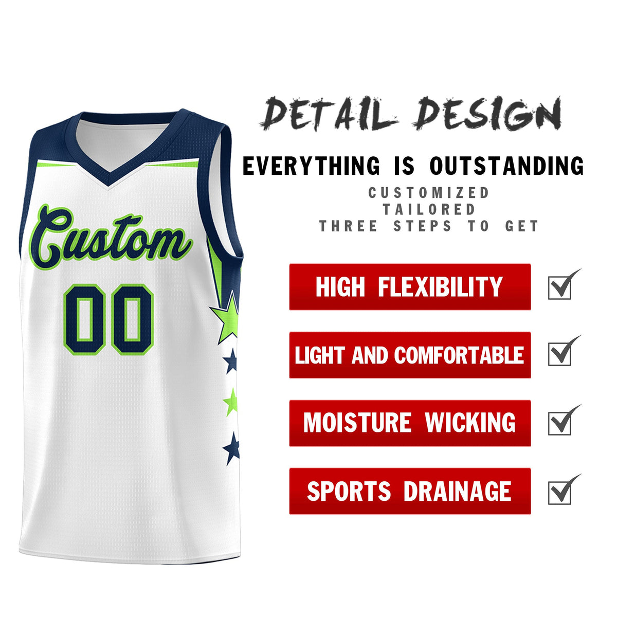 Custom Youth Basketball Uniform White Navy Two Tone Side Star Color Block Team Jersey