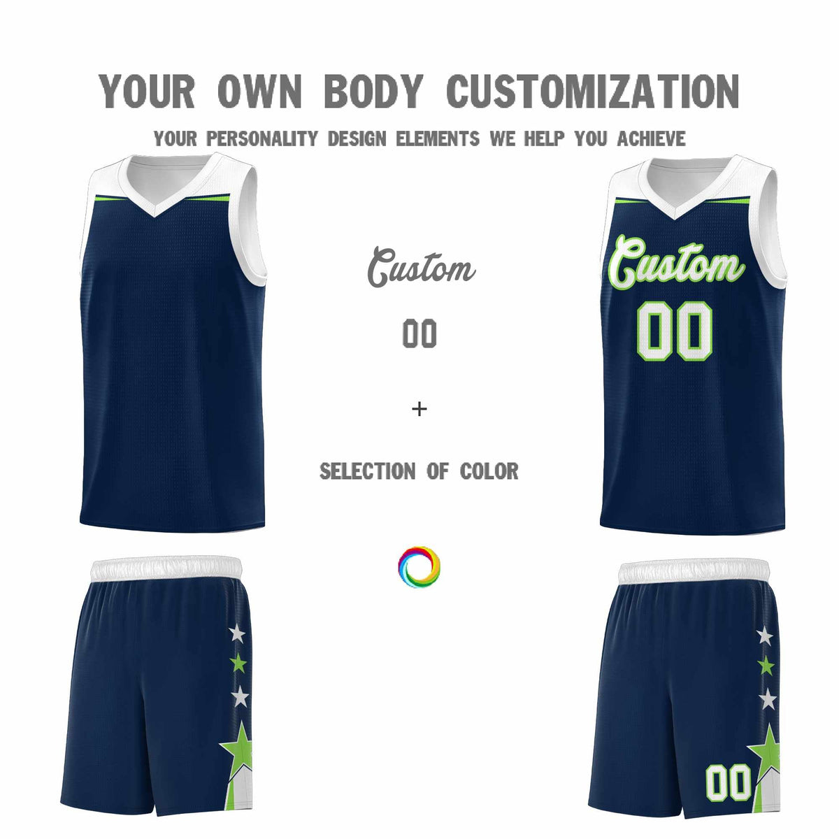 Custom Youth Basketball Uniform Navy White Two Tone Side Star Add Name Number & Logo