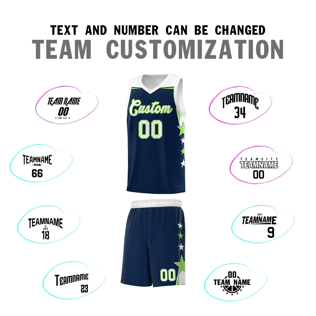 Custom Youth Basketball Uniform Navy White Two Tone Side Star Add Name Number & Logo