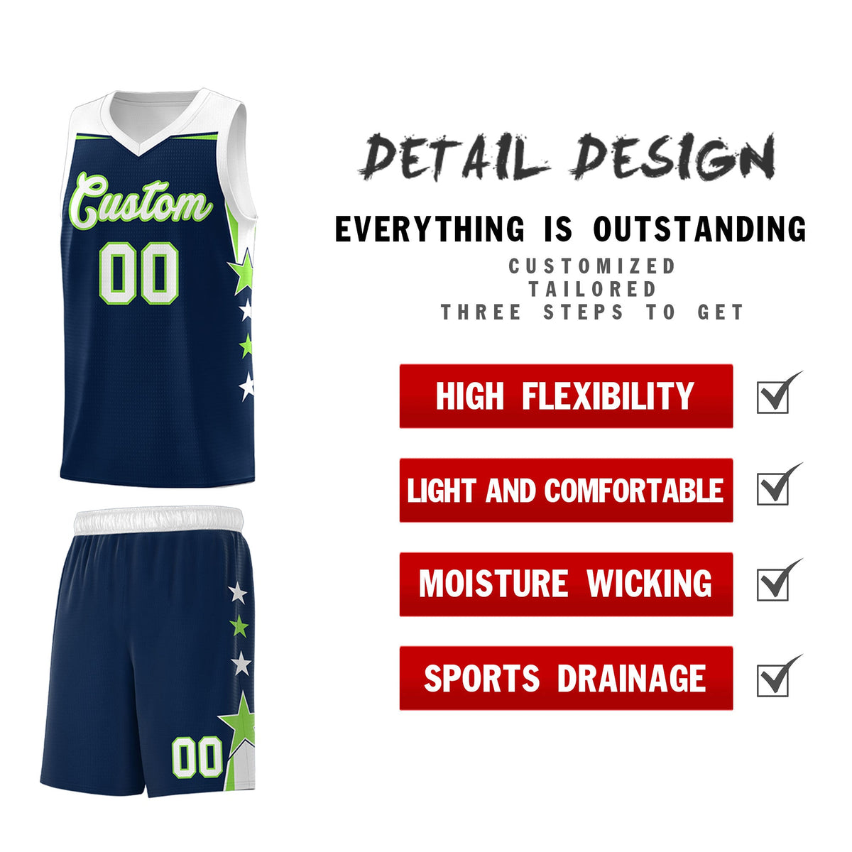 Custom Youth Basketball Uniform Navy White Two Tone Side Star Add Name Number & Logo