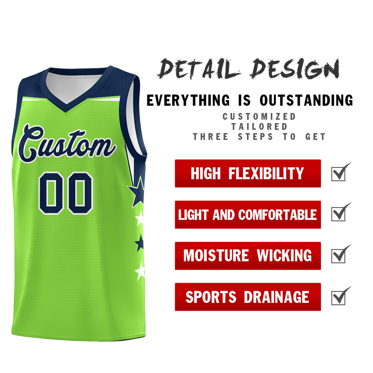 Custom Youth Basketball Uniform Fluorescent Green Navy Two Tone Side Star Personalized Team Jersey