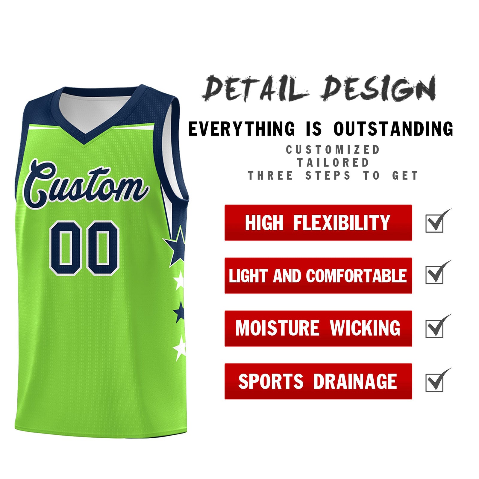 Custom Youth Basketball Uniform Fluorescent Green Navy Two Tone Side Star Personalized Team Jersey