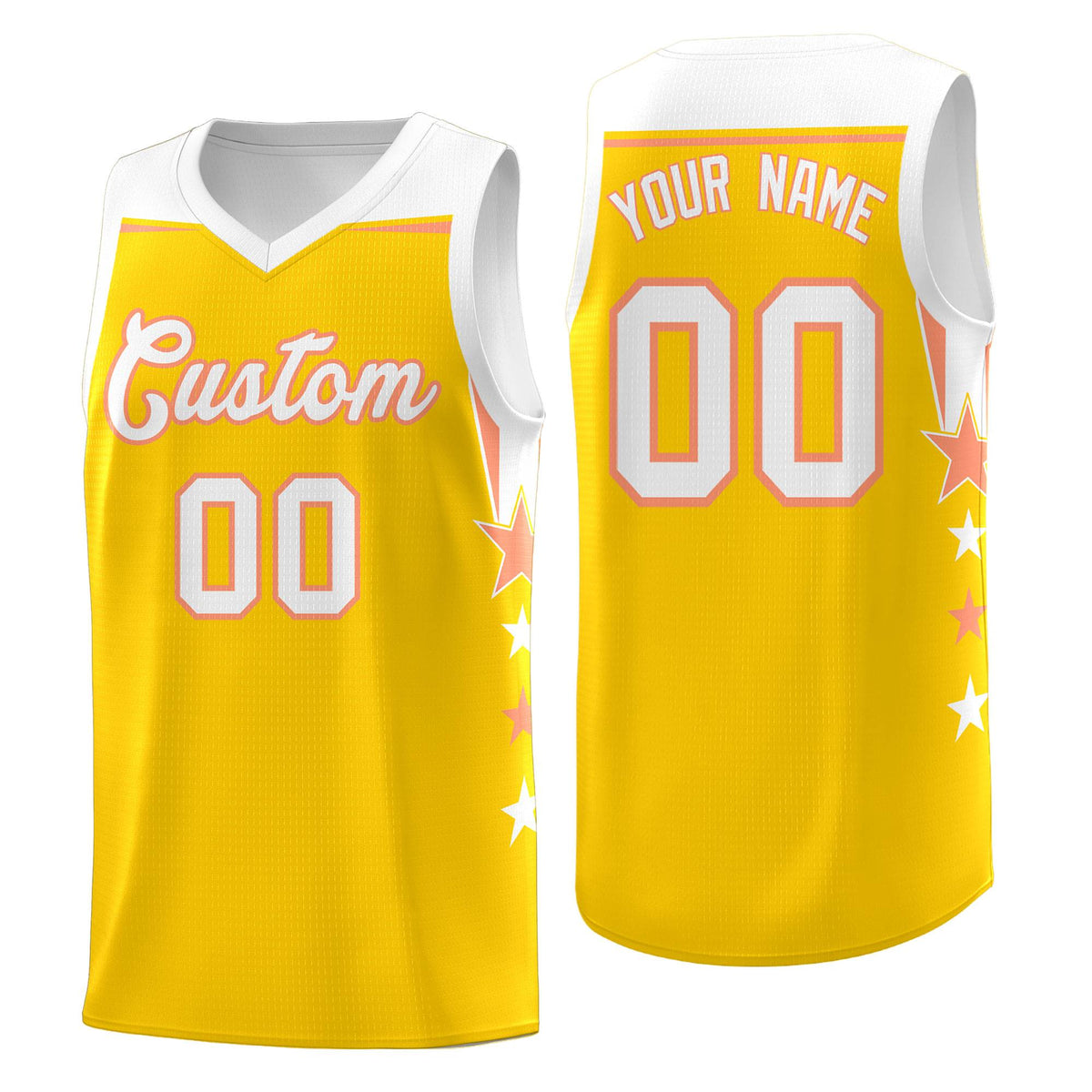 Custom Youth Basketball Uniform Gold White Two Tone Side Star Color Block Team Jersey