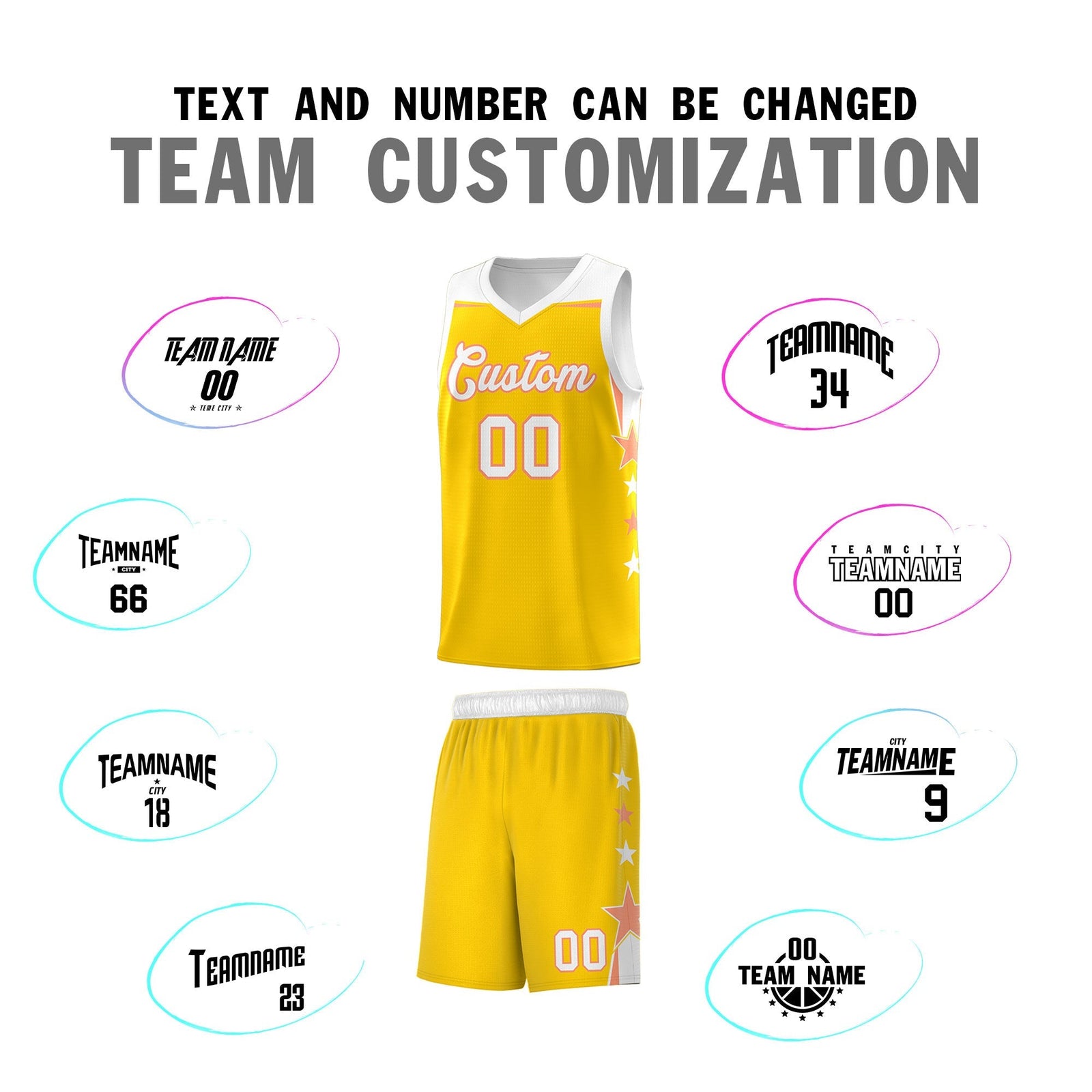 Custom Youth Basketball Uniform Gold White Two Tone Side Star Color Block Team Jersey