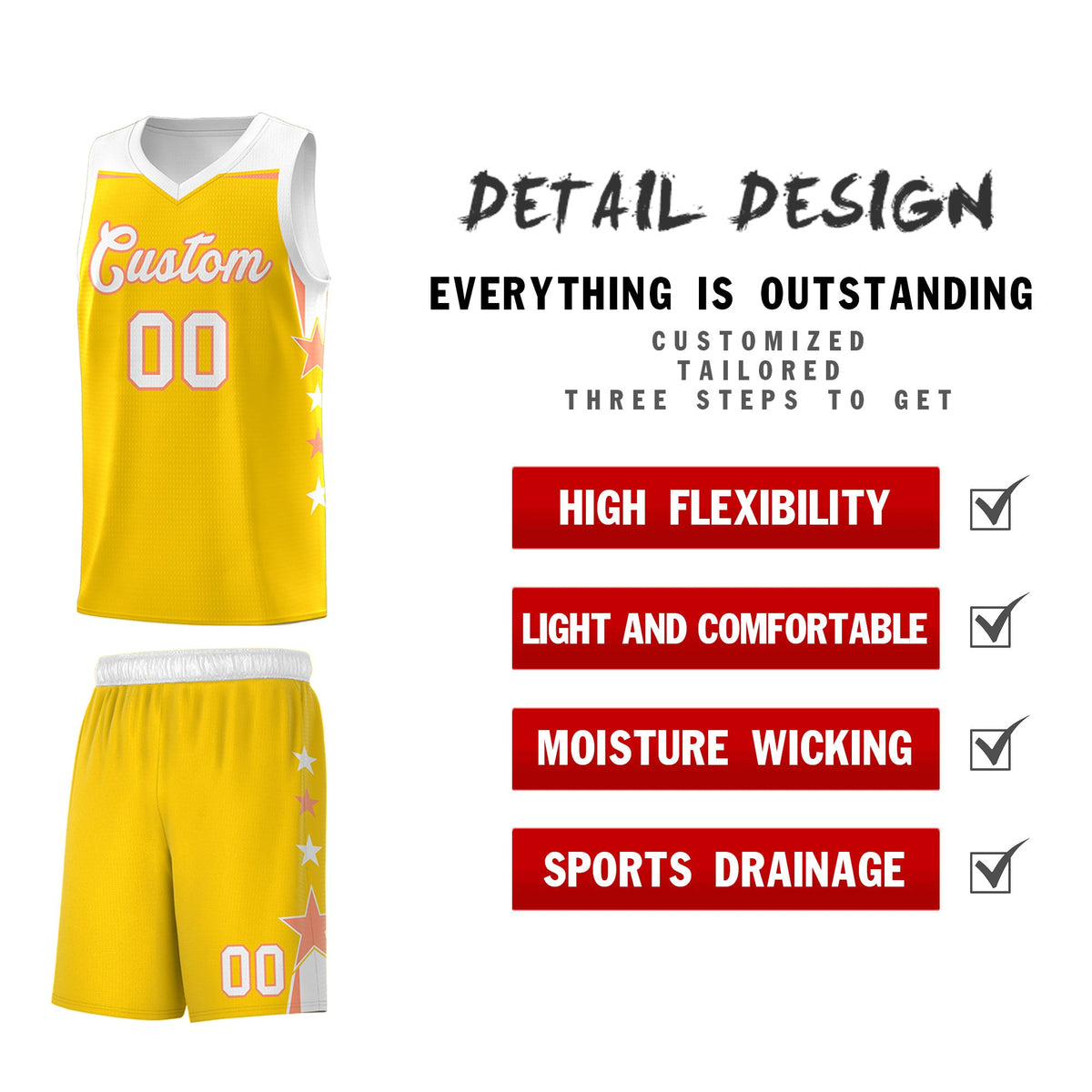 Custom Youth Basketball Uniform Gold White Two Tone Side Star Color Block Team Jersey